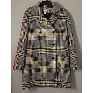 NWT Arizona Jean Vintage Wool Blend Black Yellow‎ Plaid Pea Coat L Y2K Clueless